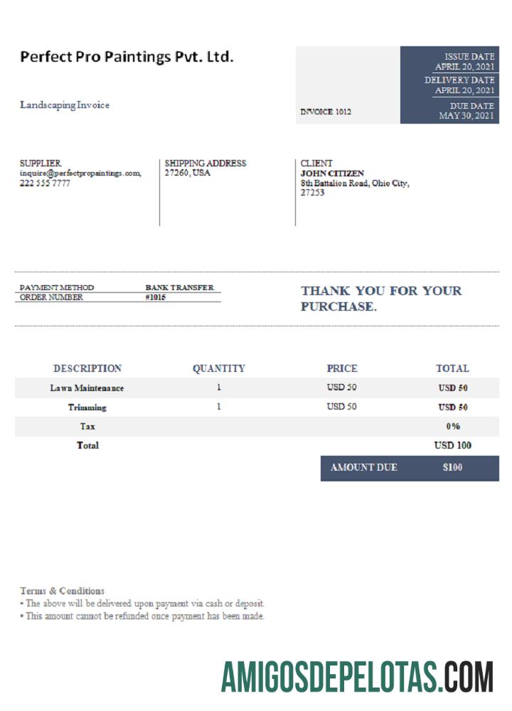 EUA Perfect Pro Paintings Unip. Fatura Ltda. exemplo real